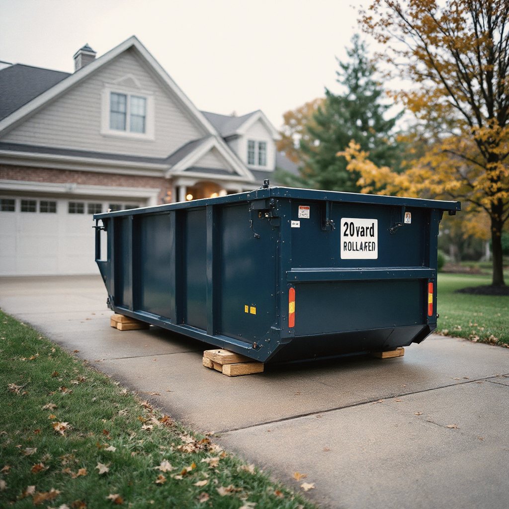 Navy 20-yard dumpster on protection boards on a stamped driveway