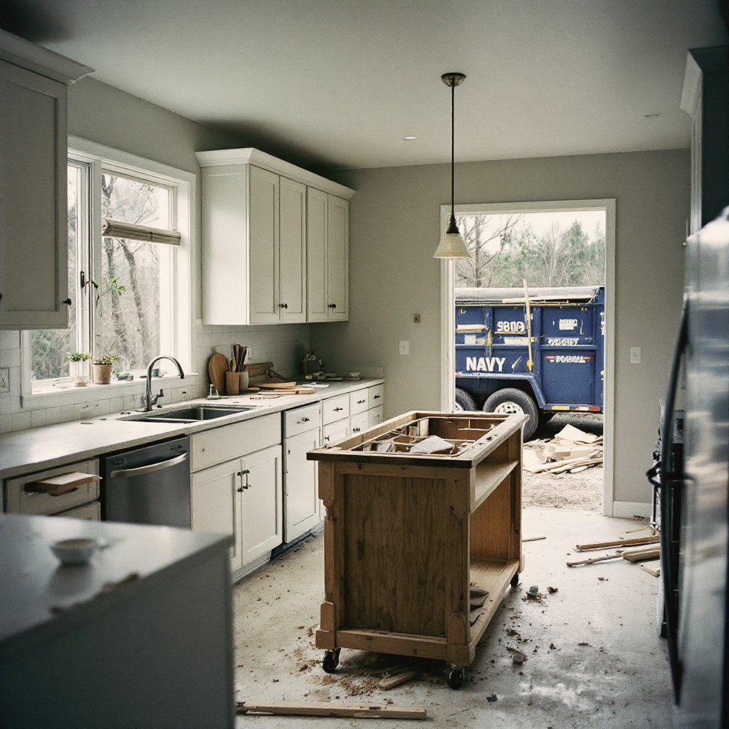 Kitchen gutted to studs with debris headed for the dumpster outside
